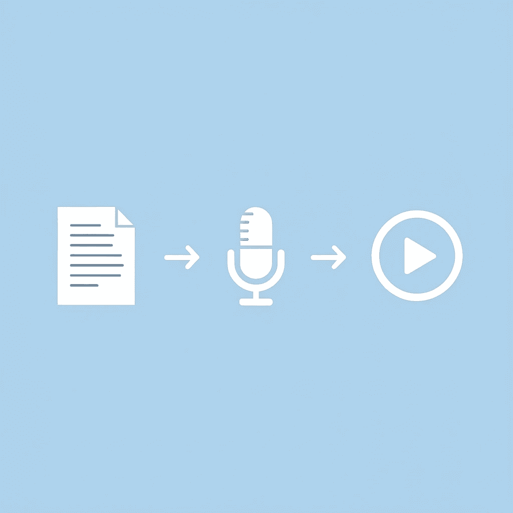  Three-step workflow showing script extraction, rewriting, and audio generation with arrows connecting each stage