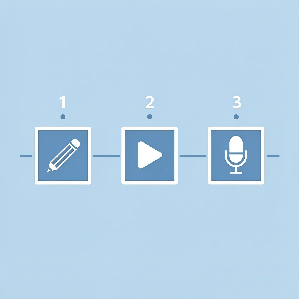 Three numbered steps showing script preparation, pacing control, and voice settings configuration