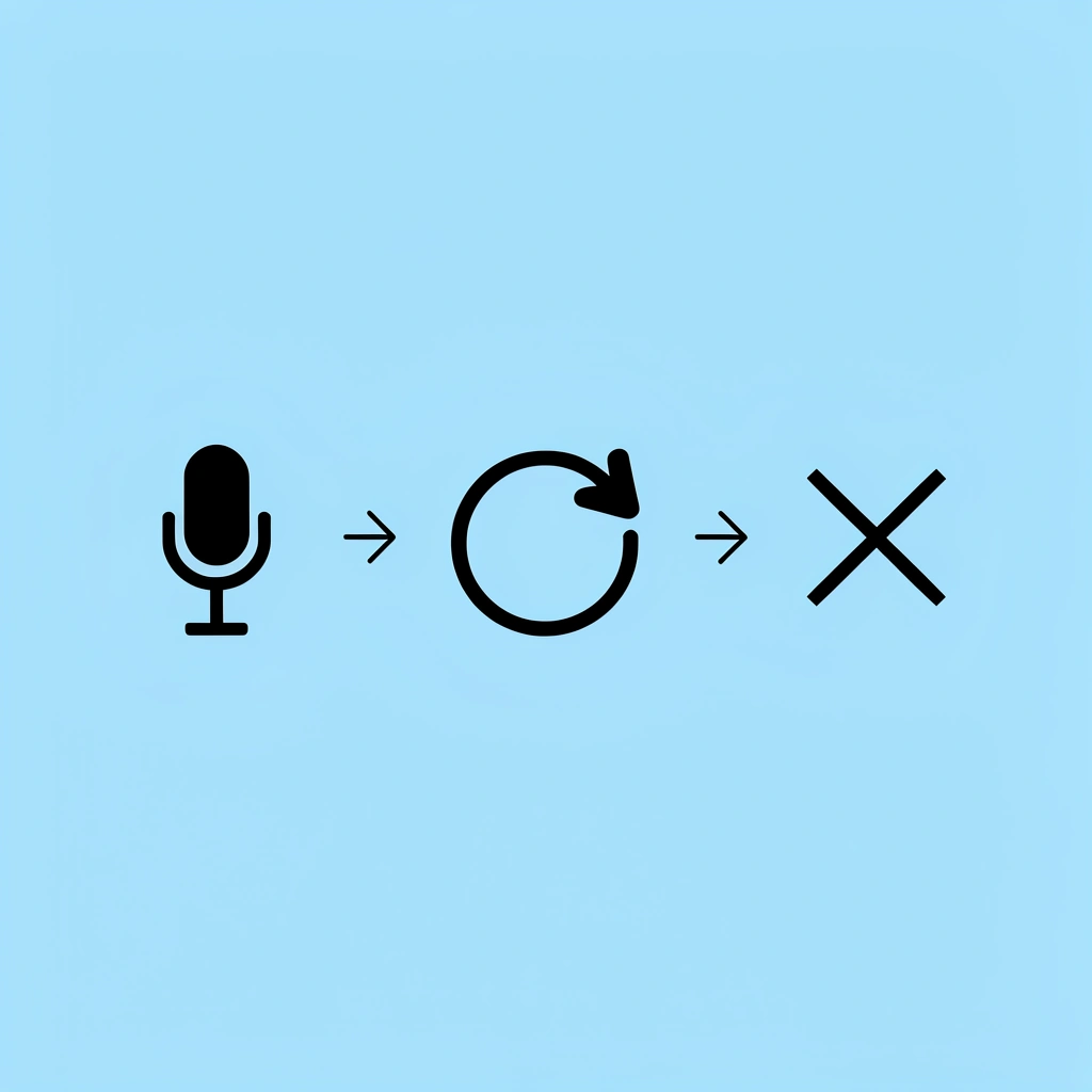 Three-step process showing recording leading to multiple retakes and poor results