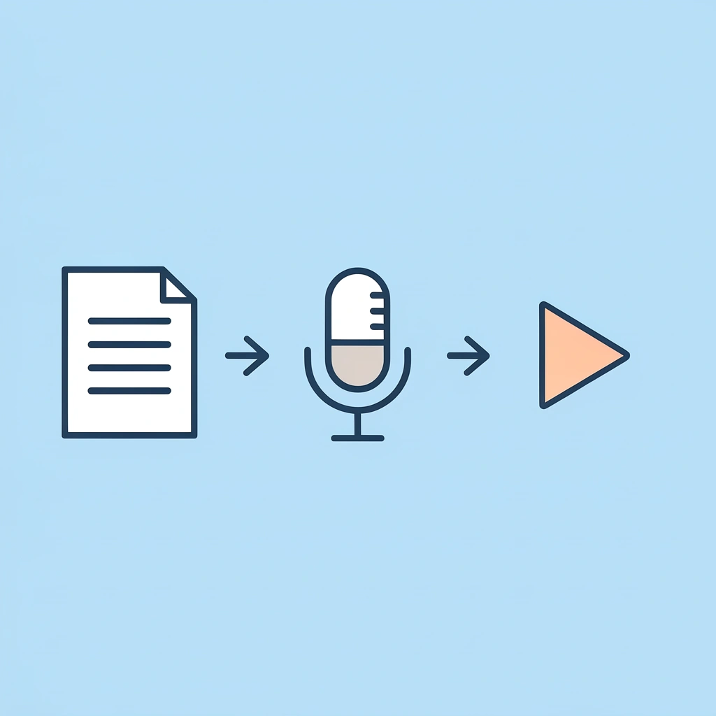Three-step process showing script writing, voice generation, and video building with arrows connecting each step