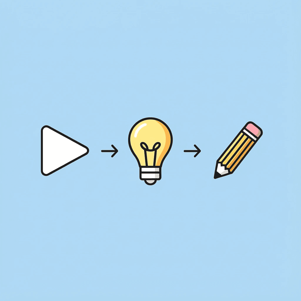 Three-step process showing the inefficient workflow of recording without preparation: hitting record, thinking of content, and editing simultaneously