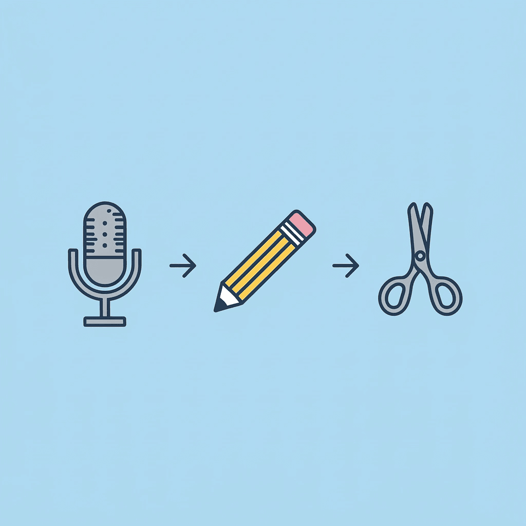 Three connected steps showing the voiceover creation process: writing, performing, and editing