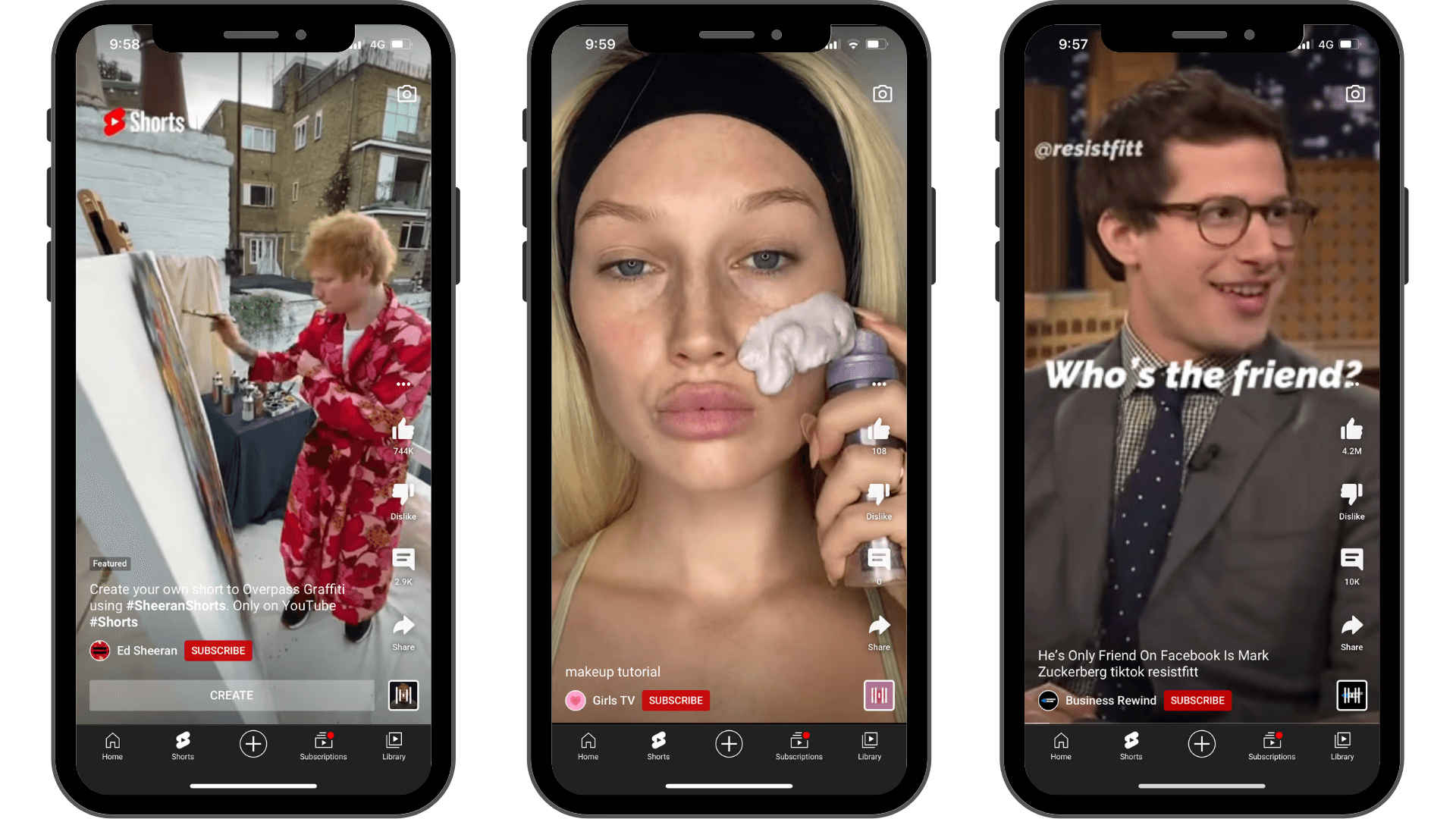 Three smartphones showing YouTube Shorts interface - YouTube Shorts Content Ideas 