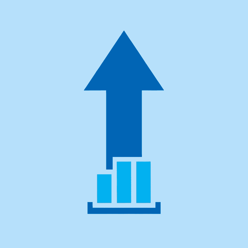 Upward arrow showing significant improvement in production time and audio quality